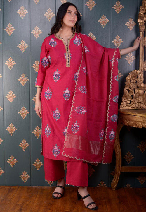 Buy Maheshwari Maheshwari Cotton Silk Pakistani Suit in Fuchsia Online KBU143 Utsav Fashion