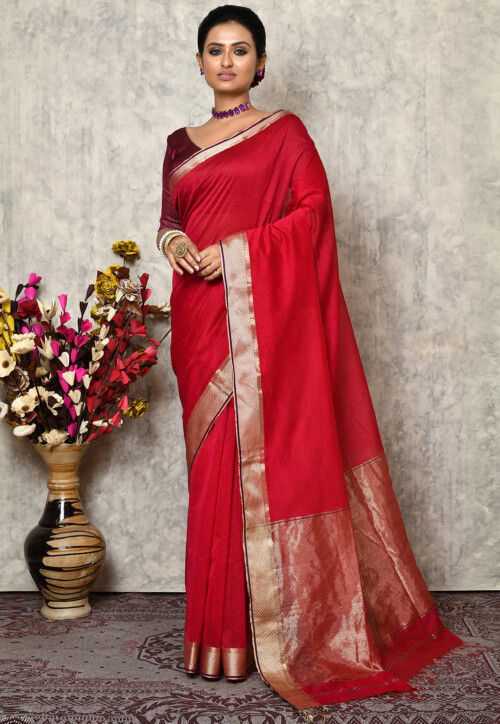 Deep Red Pure Soft Satin Silk Banarasi Handloom Saree - Tilfi