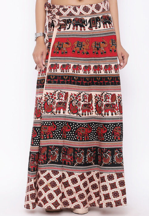 Buy Mandala Printed Pure Cotton Wrap Around Skirt in Light Beige and Black Online BRJ899 Utsav Fashion