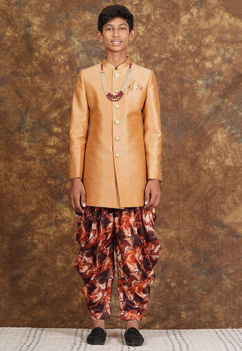 Marbel Printed Art Silk Sherwani in Beige