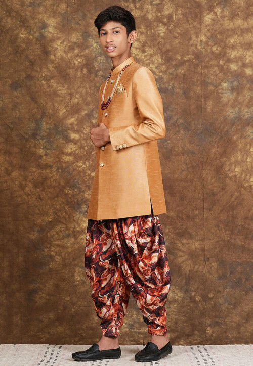 Marbel Printed Art Silk Sherwani in Beige