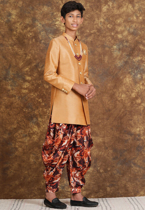 Marbel Printed Art Silk Sherwani in Beige