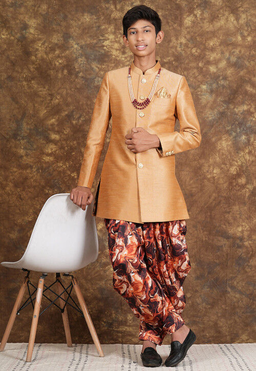 Marbel Printed Art Silk Sherwani in Beige