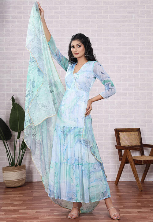 Buy Marbel Printed Chiffon Abaya Style Suit in Light Blue and Light Green Online KER193 Utsav Fashion