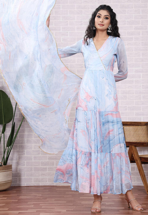 Buy Marbel Printed Chiffon Abaya Style Suit in Light Blue and Pink Online KER194 Utsav Fashion