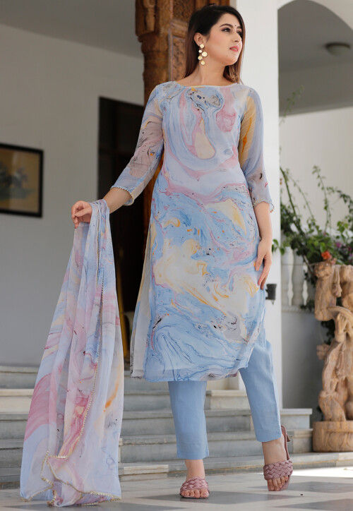 Buy Marble Dyed Chiffon Pakistani Suit in Blue Online KER150 Utsav Fashion