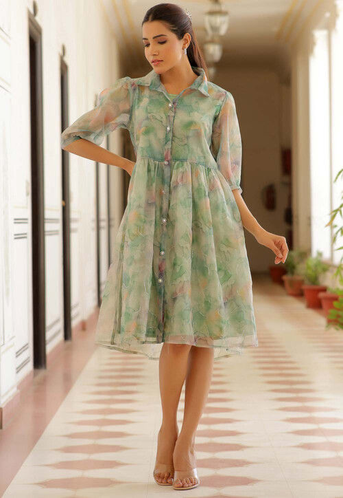 Buy Marble Printed Organza Dress in Light Green Online THU1941