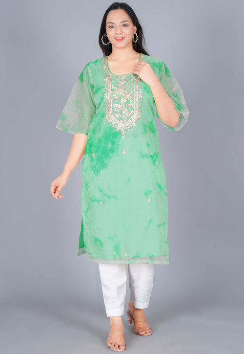 Marble Printed Organza Straight Kurta Set in Shaded Green