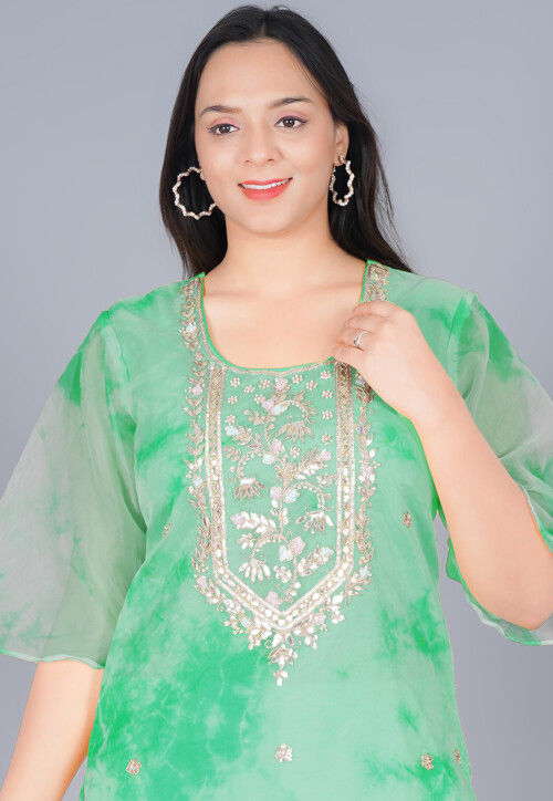 Marble Printed Organza Straight Kurta Set in Shaded Green