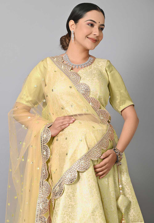 Maternity Silk Brocade Lehenga in Light Yellow