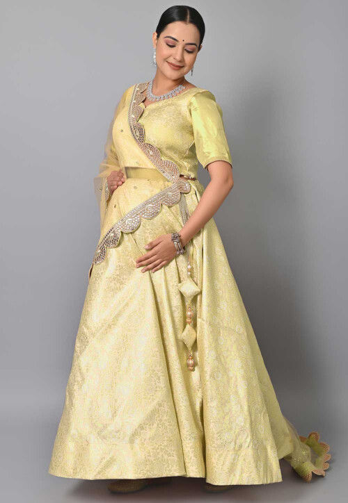 Maternity Silk Brocade Lehenga in Light Yellow
