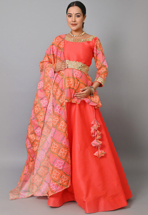 Maternity Bandhej Printed Art Silk Lehenga in Orange