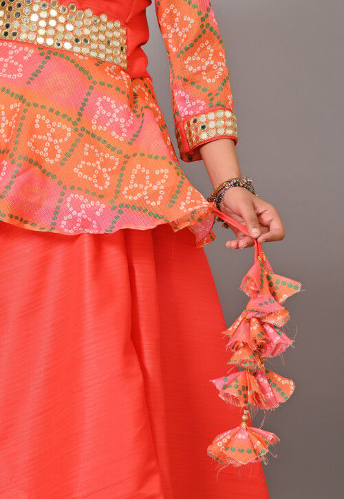 Maternity Bandhej Printed Art Silk Lehenga in Orange