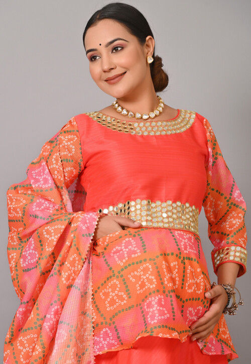 Maternity Bandhej Printed Art Silk Lehenga in Orange