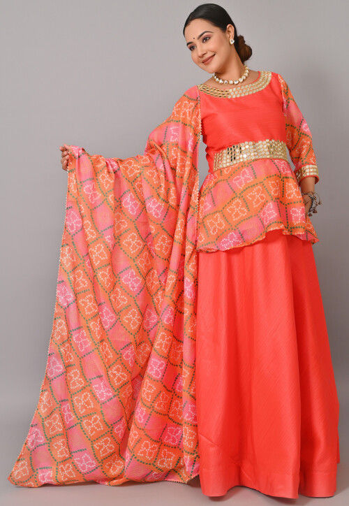 Maternity Bandhej Printed Art Silk Lehenga in Orange