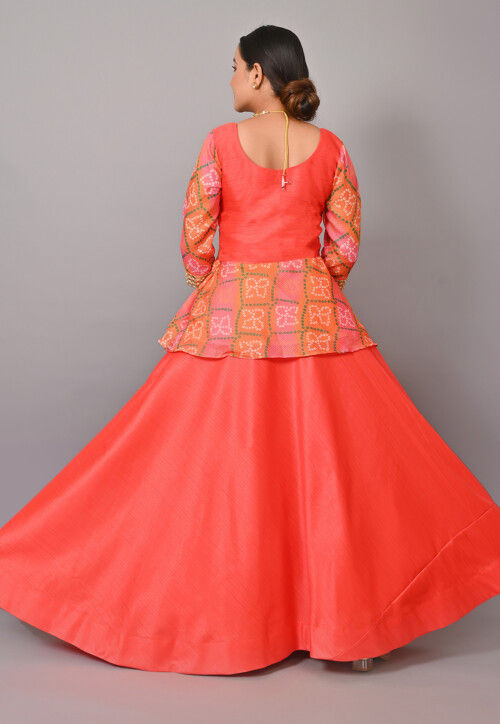 Maternity Bandhej Printed Art Silk Lehenga in Orange