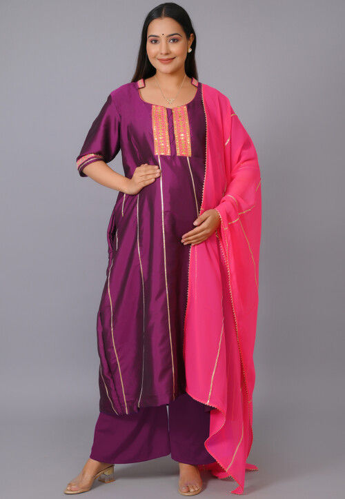 Maternity Caroon Satin Pakistani Suit in Magenta