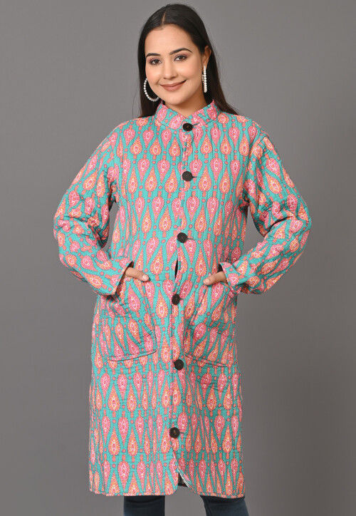 Maternity Cotton Reversible Long Jacket in Sea Green and White