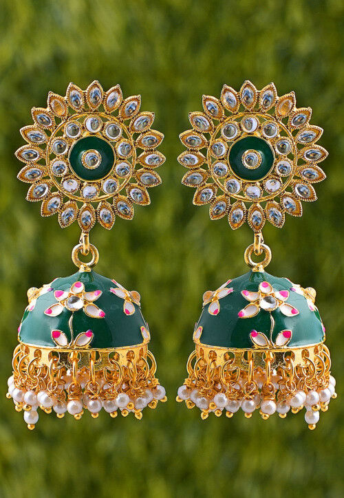 Polki Meenakari Jhumka Earrings with Cluster Pearl Danglers – Viari