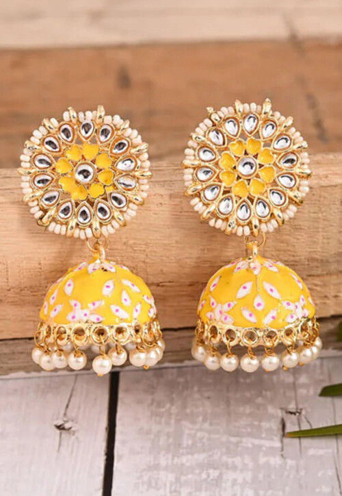 Yellow Colour Jhumkas On Saree Bala Jhumke Wali Bali Bali Mein