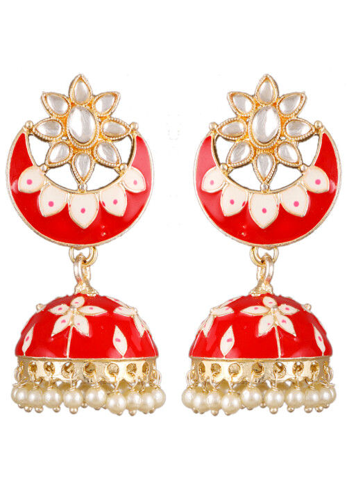 Meenakari Dangle Jhumka Earrings-Red