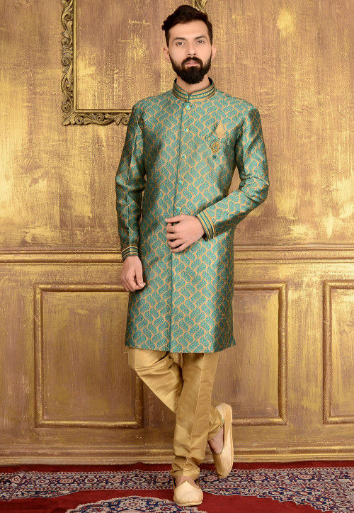 Buy Woven Brocade Silk Sherwani in Beige and Teal Blue Online MGV130 Utsav Fashion