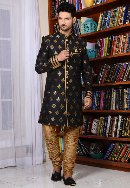 Woven Art Silk Sherwani in Black