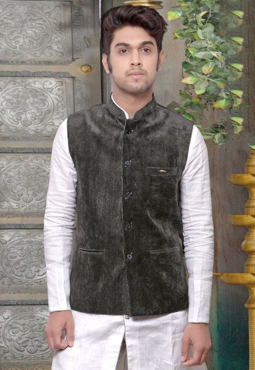 Plain Velvet Nehru Jacket in Dark Grey 