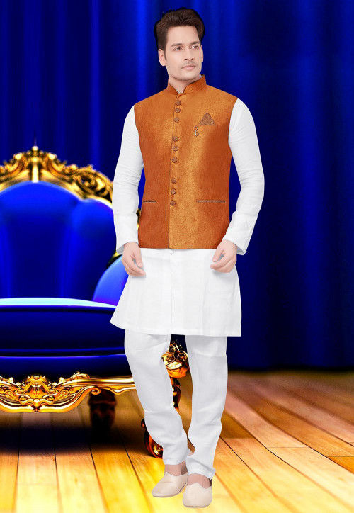 Buy Plain Jute Silk Nehru Jacket in Orange Online MHG568 Utsav Fashion