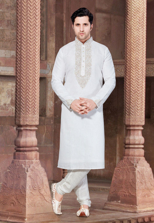 Embroidered Linen Kurta Set in Off White