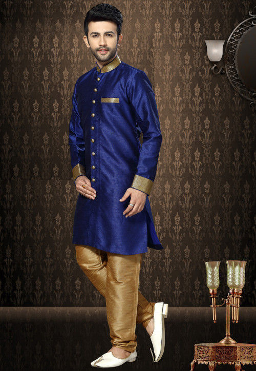 Plain Art Silk Sherwani in Royal Blue