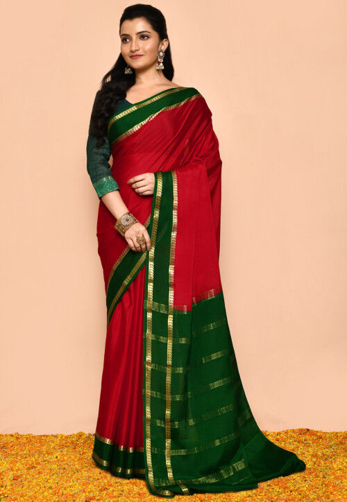 Mehndi Green and Maroon color kanchi pattu handloom saree with kaddy border  saree design -KANP0007619