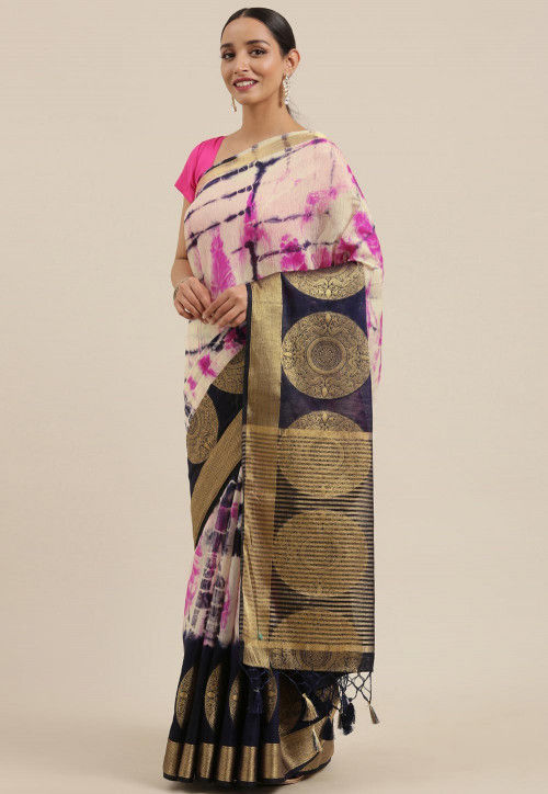 Mysore Tie N Dye Linen Silk Saree in Off White