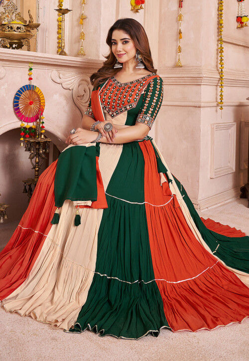 Navaratri Special Viscose Cotton Tiered Lehenga in Multicolor