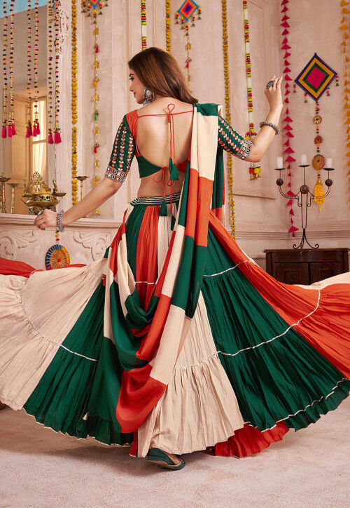Navaratri Special Viscose Cotton Tiered Lehenga in Multicolor