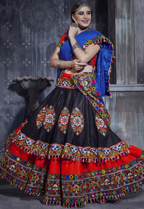 Navratri Special Occasion Cotton Thered Work Lehenga Choli in Black Color  -7515176671 | Heenastyle