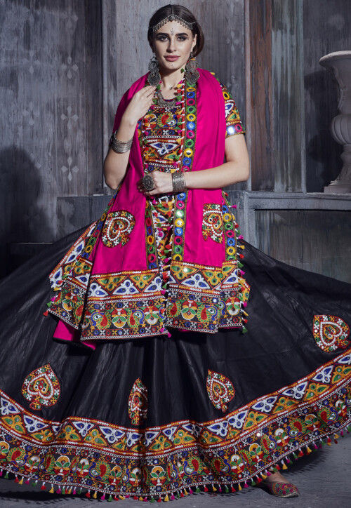 Black Combination Gotta Patti With Real Mirror Embroidery Work Navaratri  Lehenga Choli - Vatki