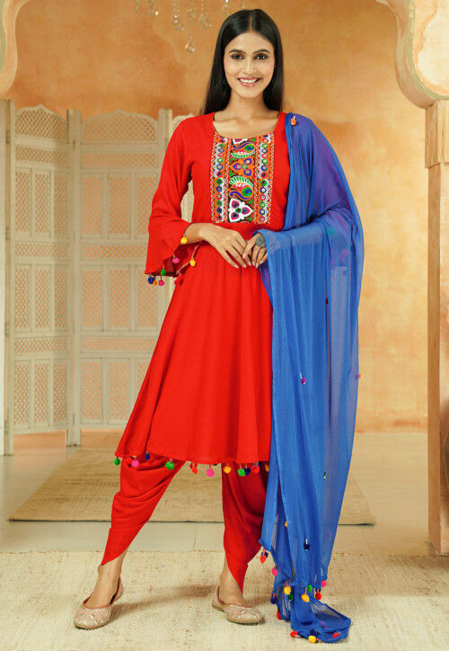 Navratri Special Cotton Punjabi Suit in Red