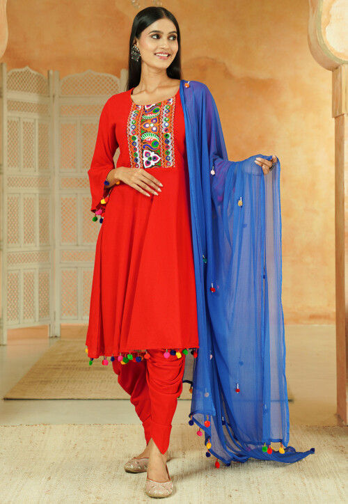 Navratri Special Cotton Punjabi Suit in Red