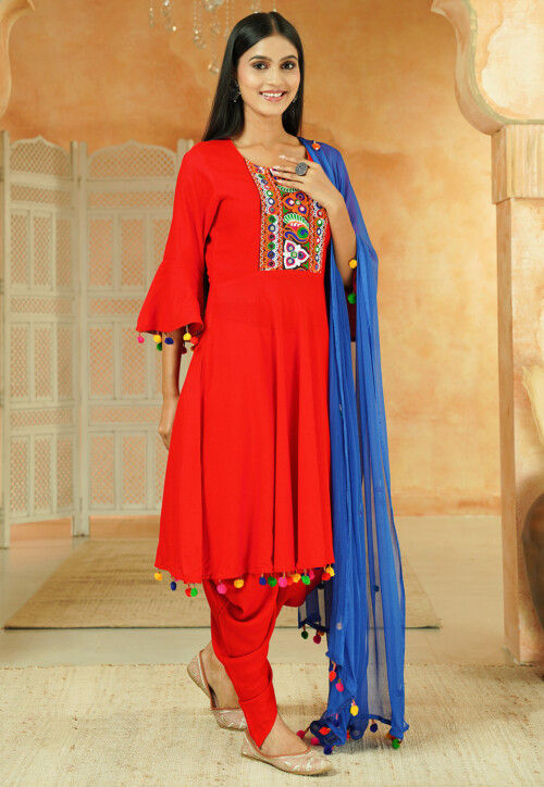 Navratri Special Cotton Punjabi Suit in Red