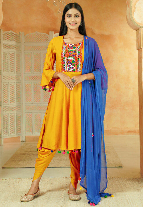 Navratri Special Cotton Punjabi Suit in Yellow
