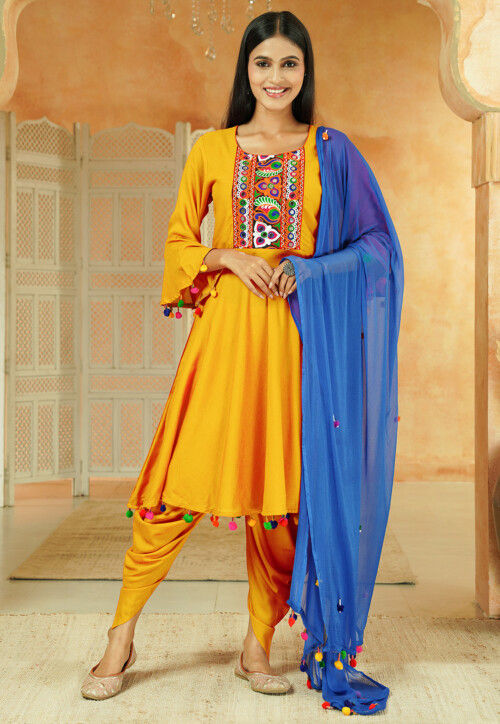 Navratri Special Cotton Punjabi Suit in Yellow