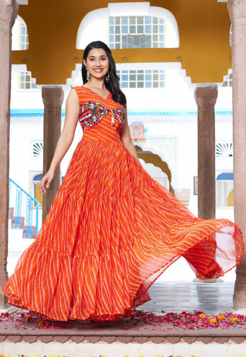Navratri Special Georgette Tiered Gown in Orange