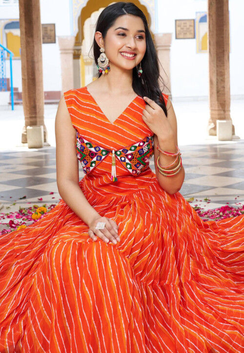 Navratri Special Georgette Tiered Gown in Orange