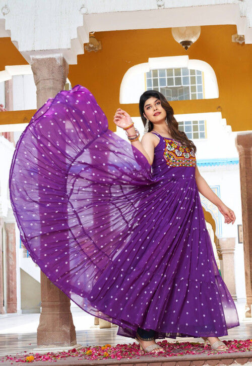 Navratri Special Georgette Tiered Gown in Purple