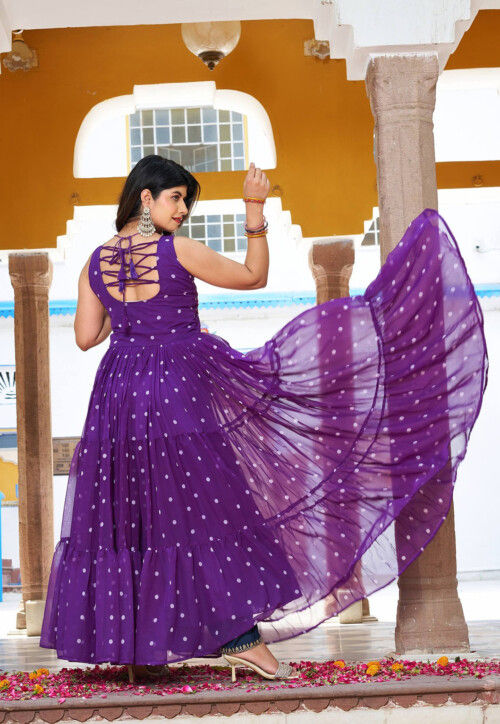 Navratri Special Georgette Tiered Gown in Purple