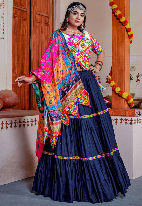 Buy online Navy Blue & Red Semi- Stitched Flared Lehenga from ethnic wear  for Women by Fabcartz for ₹1399 at 77% off | 2024 Limeroad.com