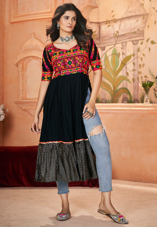 Buy Navratri Special Rayon Side Slit Kurta in Black Online
