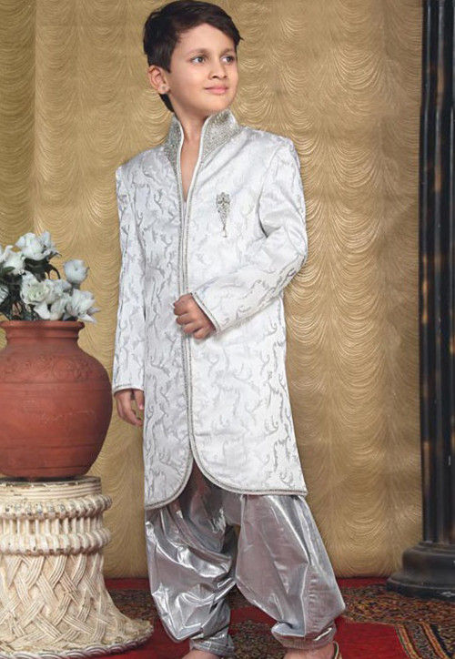 Off White Jacquard Readymade Indo Western Suit