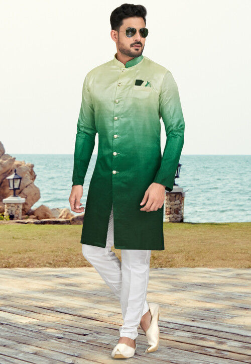 Ombre Art Silk Sherwani in Green